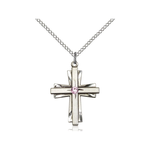 Sterling Silver Cross Pendant w/ 3mm Light February Purple Swarovski Crystal 1 X 3/4 inches w/ 18 inch Curb Chain