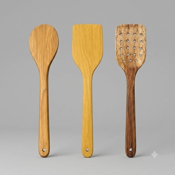 Handcrafted Wooden Kitchen Utensil Set, Natural Wood Cooking Spoon, Flat Spatula & Slotted Turner for Stirring, Flipping, Mixing & Serving, Safe for Non-Stick Cookware (Pack of 3)