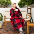 thumbnail image 3 of PAVILIA Blanket Hoodie for Women Red, Sherpa Wearable Blanket Men, Cozy Oversized Sweatshirt Blanket, Warm Fleece Hooded Blanket Sweater with Sleeves and Two Big Pocket, Adult Long, Plaid Red, 3 of 9