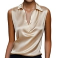 thumbnail image 2 of VJGBEGW Women Sleeveless Collared Satin Blouse Draped Cowl V Neck Silky Glossy Tank Tops Elegant Satin Vest Shirt For Summer Gold L, 2 of 5