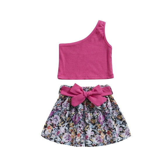 Bagilaanoe 2Pcs Little Girls Summer Skirt Set Sleeveless One Shoulder Tank Tops   Skirt with Belt 1T 2T 3T 4T 5T 6T 7T 8T Kid Casual Skirt Set Outfits