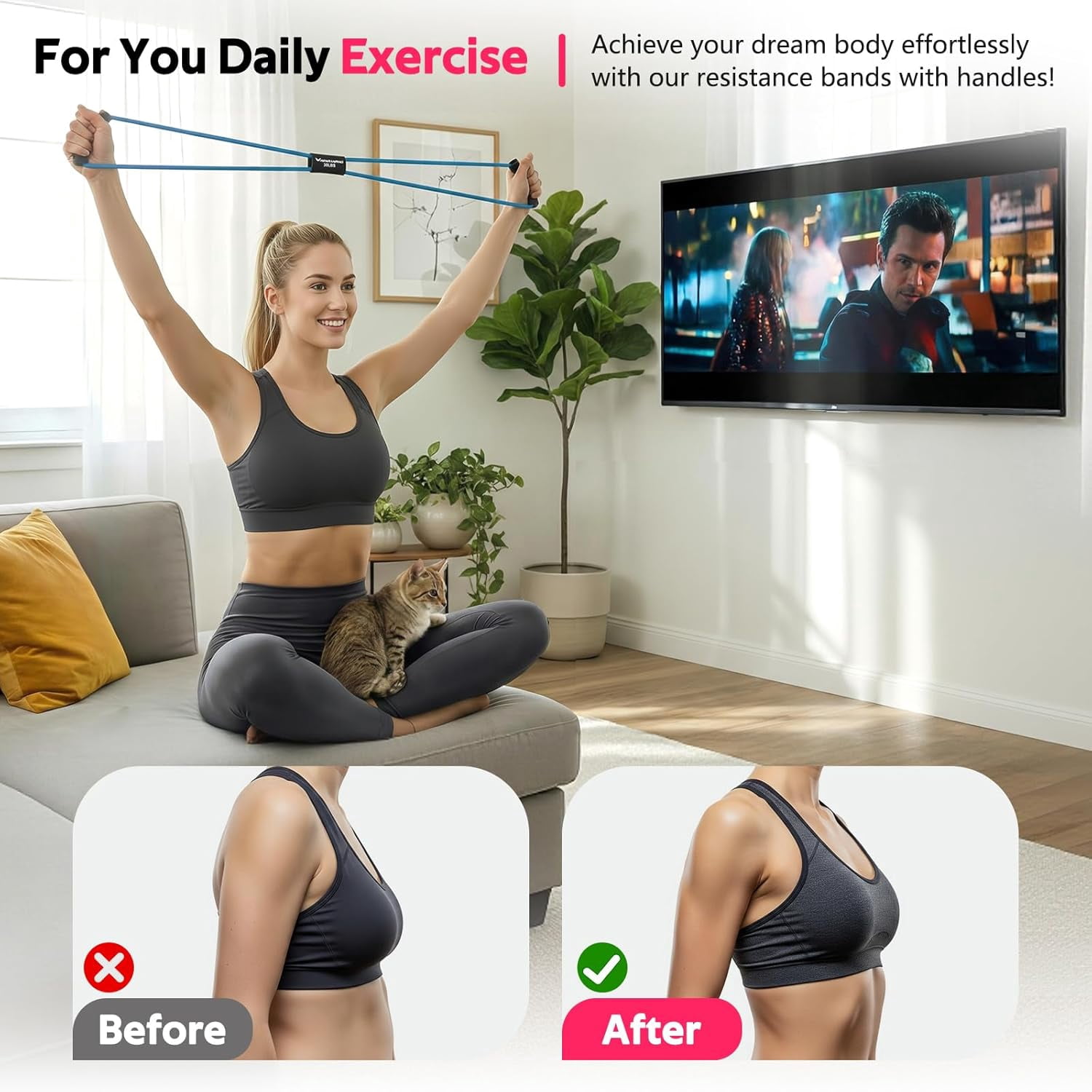 JJEAN-Figure 8 Fitness Resistance Bands with Handles - Exercise Tube Band Set of 3 for Arm and Shoulder Stretch, Rope 8 Word Elastic for Women and Men