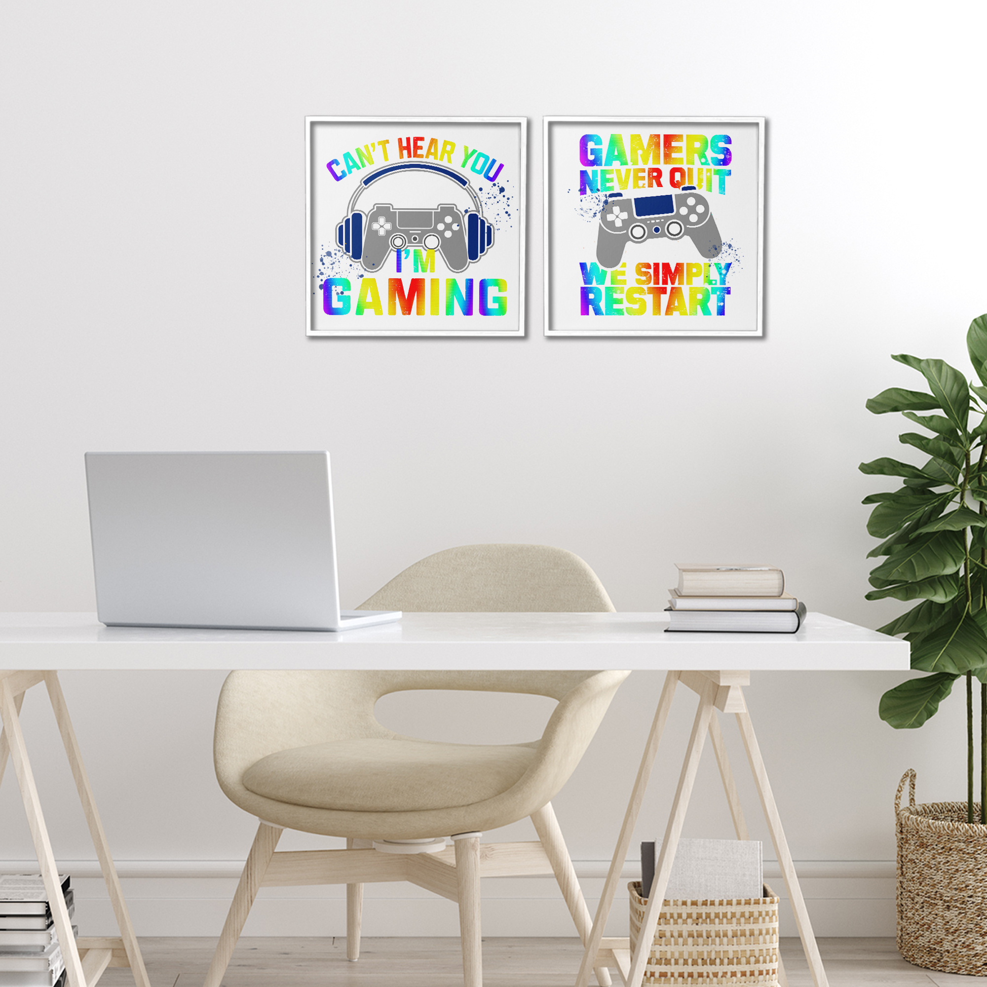 Rainbow Retro Gaming Phrases 2 Piece White Framed Giclee Art Set, design by Kim Allen