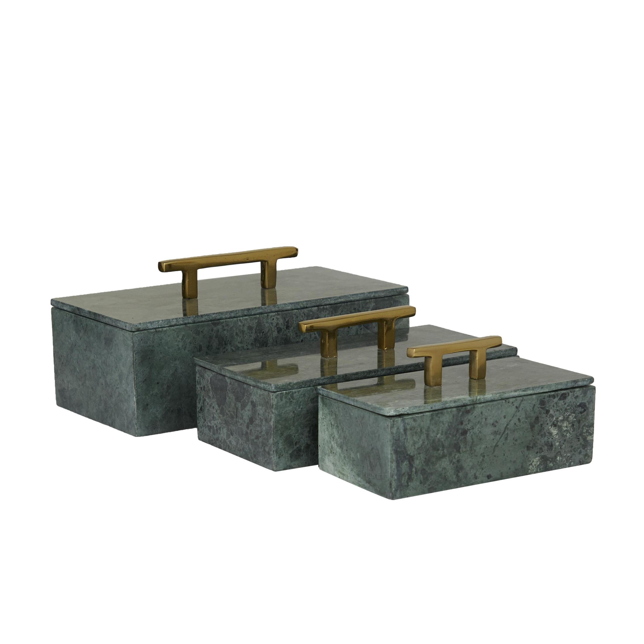 DecMode Green Marble Decorative Box with Gold Bar Handles, 3 Count