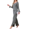 thumbnail image 4 of Pijamas de mujer de manga larga con lazo lateral, botones en la parte delantera, dobladillo con volantes y pantalones de pierna ancha, conjunto de ropa de dormir XL gris, 4 of 6