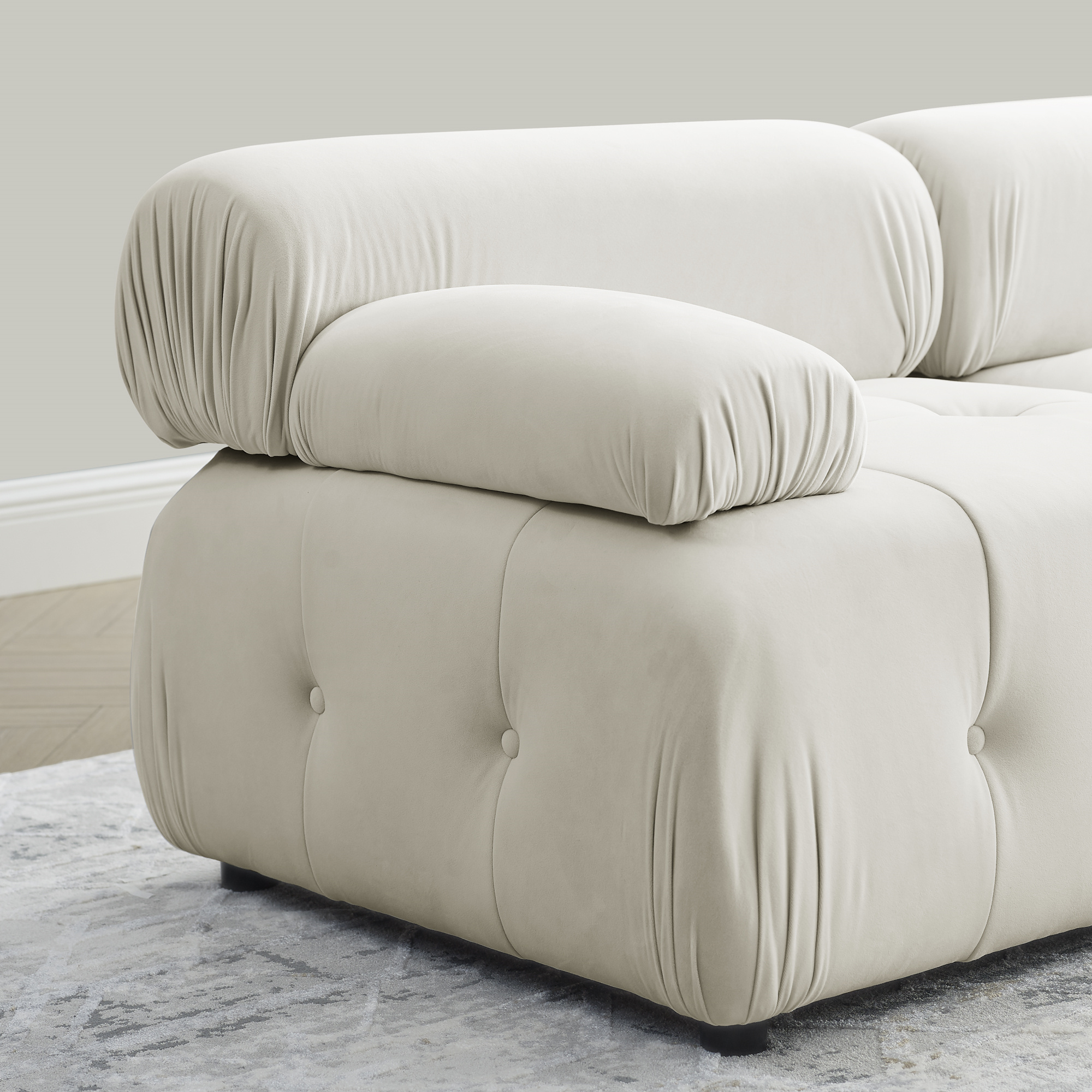 Aukfa 93" Sectional Sofa, Living Room Modular Couch with Ottoman, Pillow Top Arms, Velvet, Beige