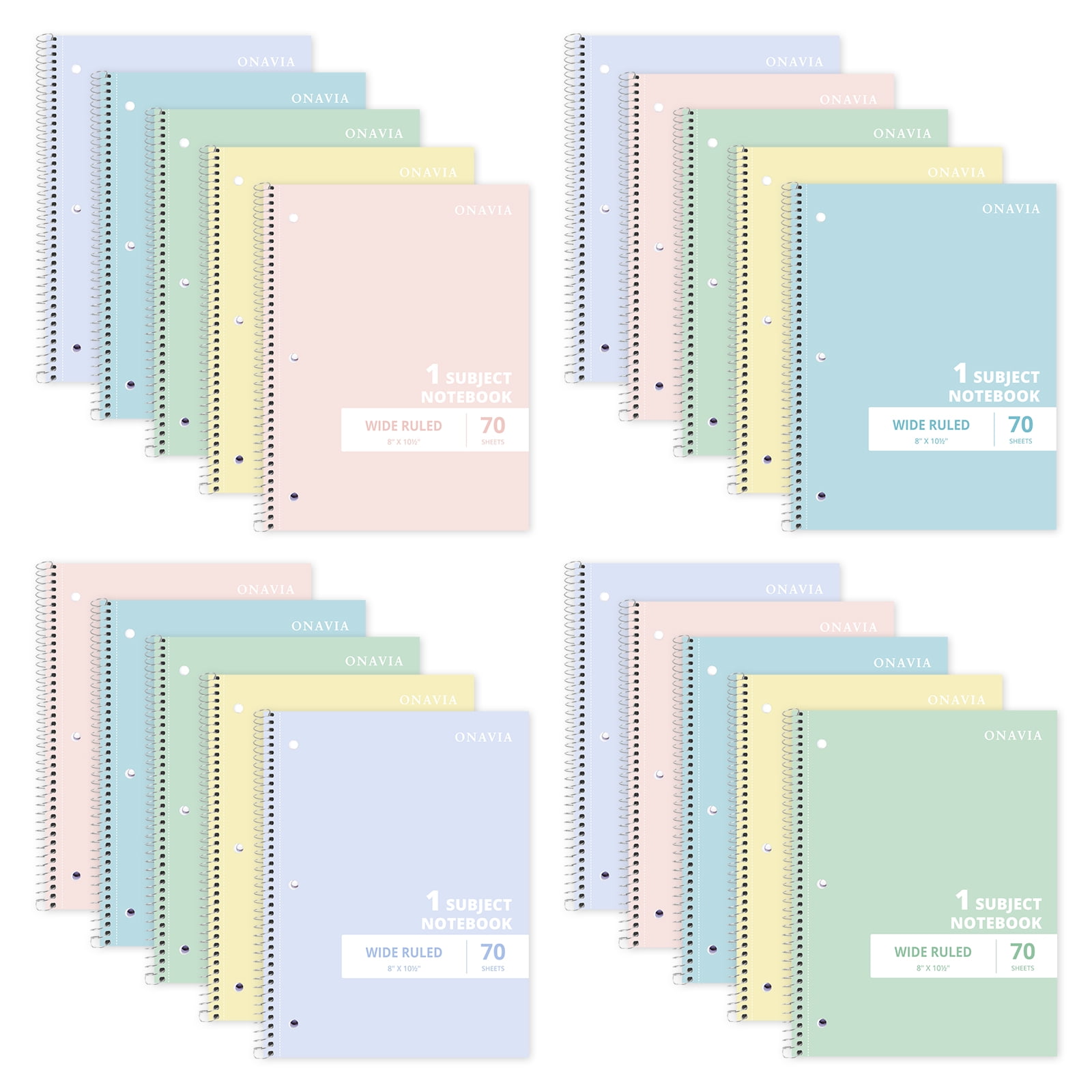 ONAVIA Spiral Notebook, Wide Ruled, 1 Subject Notebook, 20 Pack, 8" x 10.5", Durable Cardboard Back with 3 Hole Punched Paper for Classroom and Office, 70 Sheets, Assorted Colors