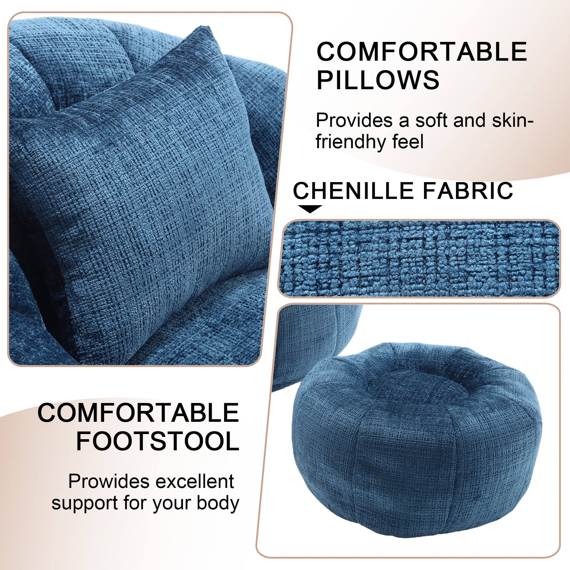 Chenille Upholstered Round Lazy Cozy Bean Bag Chair with Ottoman-Navy Blue