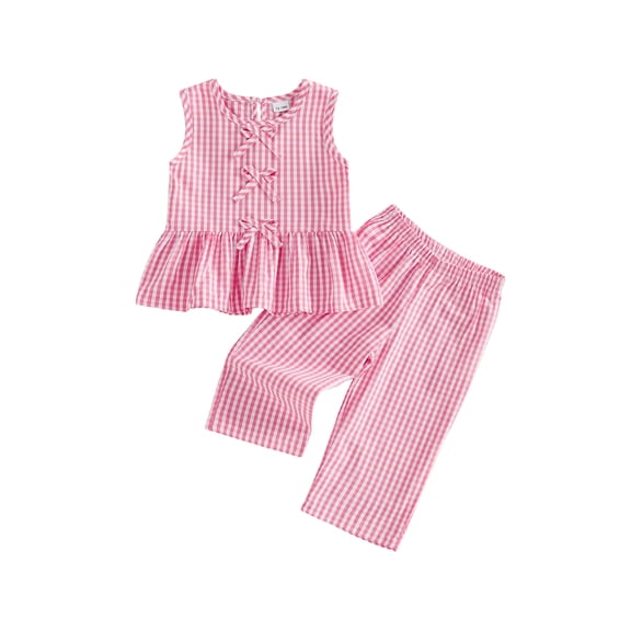 Loicainy Toddler Kids Girl Summer Outfits 12 18 24 Months 2T 3T 4T 5T Plaid Print Bow Tie Front Tank Tops Elastic Waist Long Pants 2 Pcs Clothes Set