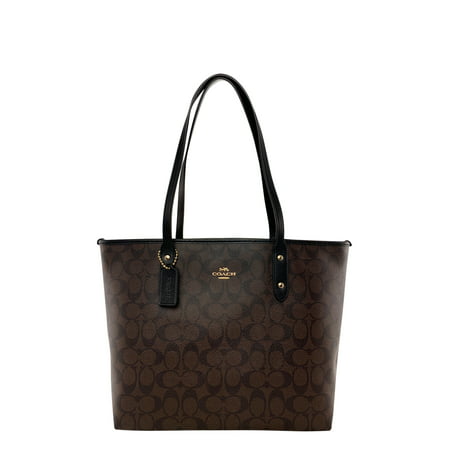 Coach F58292 Signature City Zip Top Large Tote Brown Black Leather (Best Way To Clean A Leather Coach Purse)