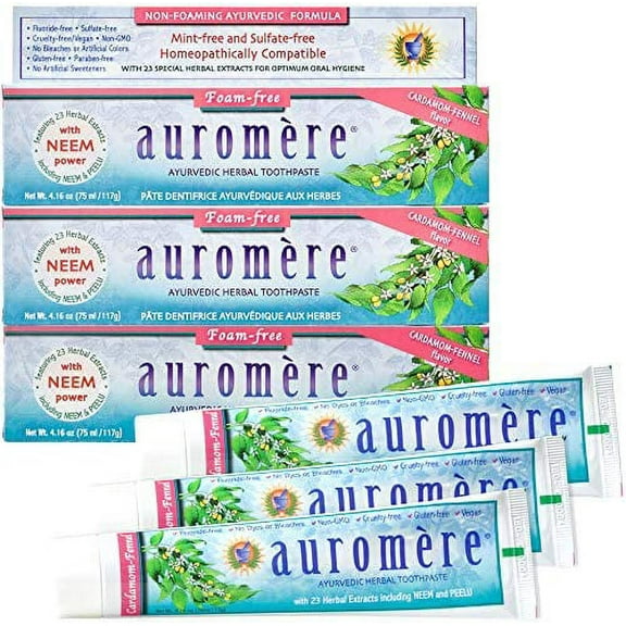 Auromere Ayurvedic Herbal Toothpaste, Cardamom Fennel, Foam Free - Vegan, Natural, Non GMO, SLS Free, Fluoride Free, Gluten Free, with Neem & Peelu (4.16 oz), 3 Pack 3 Pack