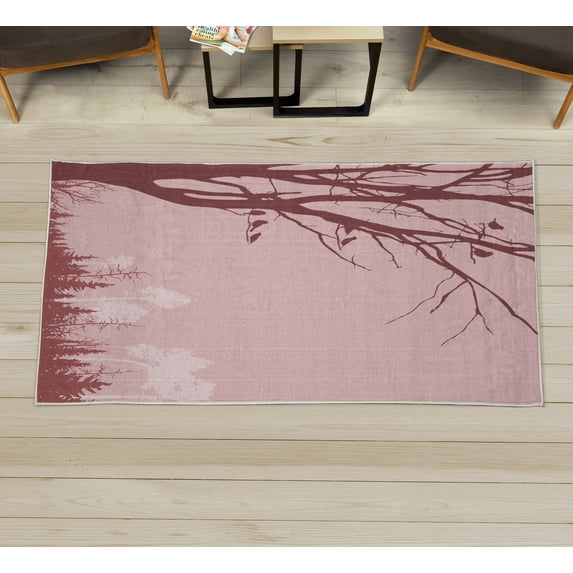 Forest Decorative Rug, Nature Theme the Panorama of a Forest Pattern Birds on Tree Branches Print, Quality Carpet for Bedroom Dorm and Living Room, 6 Sizes, Dried Rose, by Ambesonne