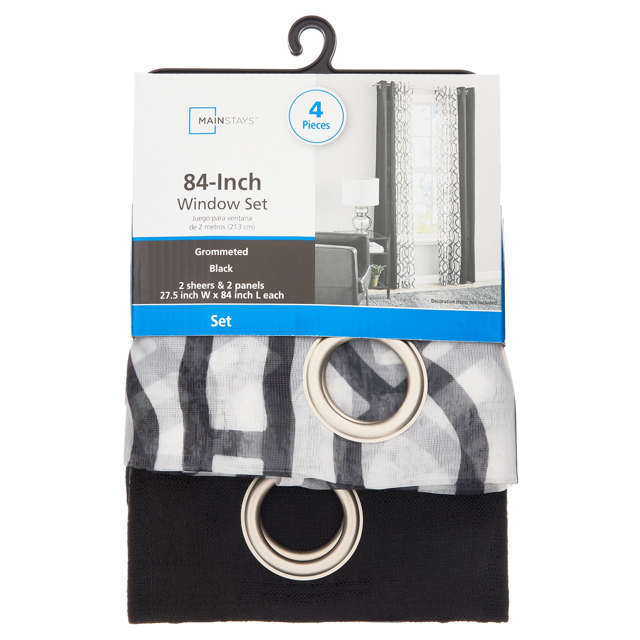 Mainstays Kingswood Solid and Printed Sheer Grommet Curtain Panel Set, 4 Piece, Black, 27.5" W x 84" L
