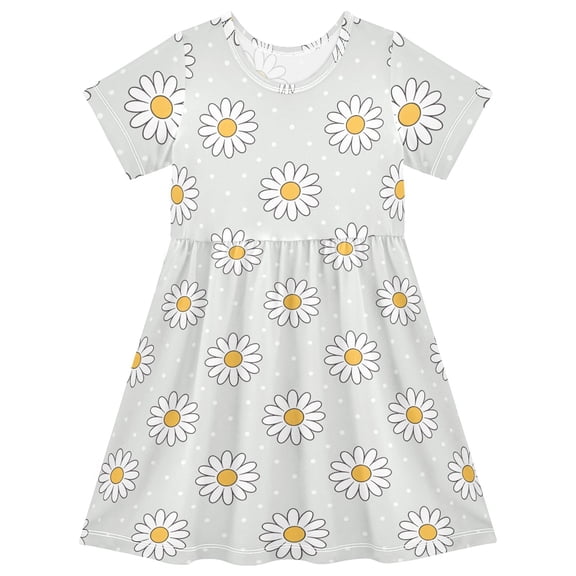 Daisy Polka Dots Short Sleeve Dress A-Line Cute Midi Casual Sundress 2-8 Years