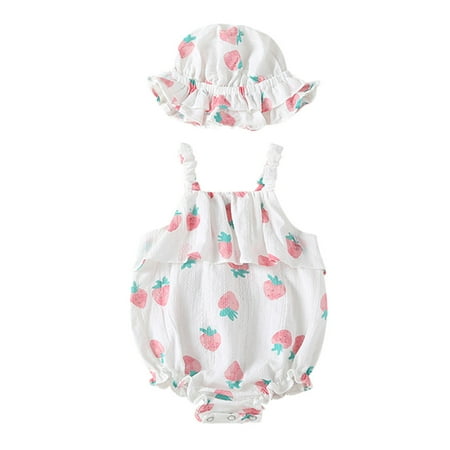 

QWERTYU Newborn Infant Baby Toddler with Hat Set Strawberry Print Sleeveless Strap Bodysuit for Girl Summer 0-18M