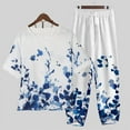 thumbnail image 1 of ICHUANYI ClearanceWomen's Summer Printed Short Sleeve Half Sleeve Round Neck Cropped Top + Casual Pants Suit Set Two Piece Lounge Set(Blue, S) ICHUANYI WER20232080505290, 1 of 5