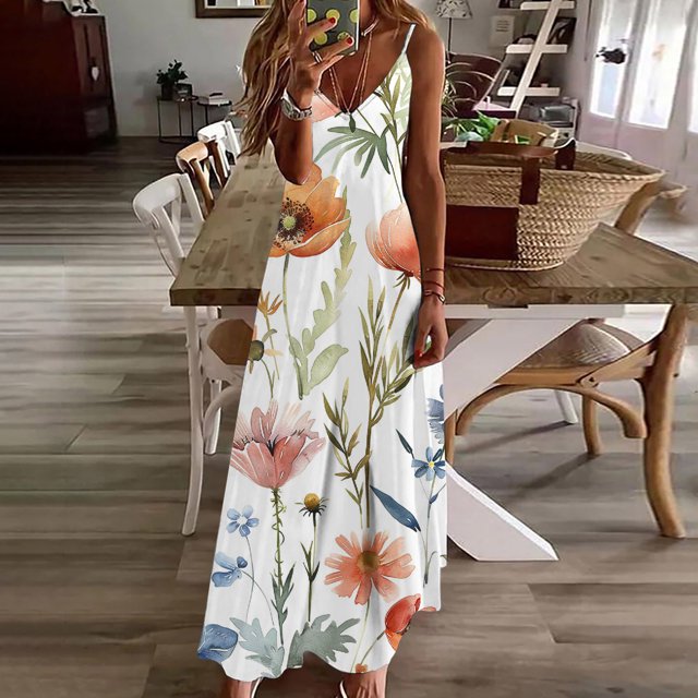 LSLJS Mode Femmes Summer Décontracté Uni V-Neck Camis Sleeveless Long Dress, Robe d'Été Summer Plage Dresses