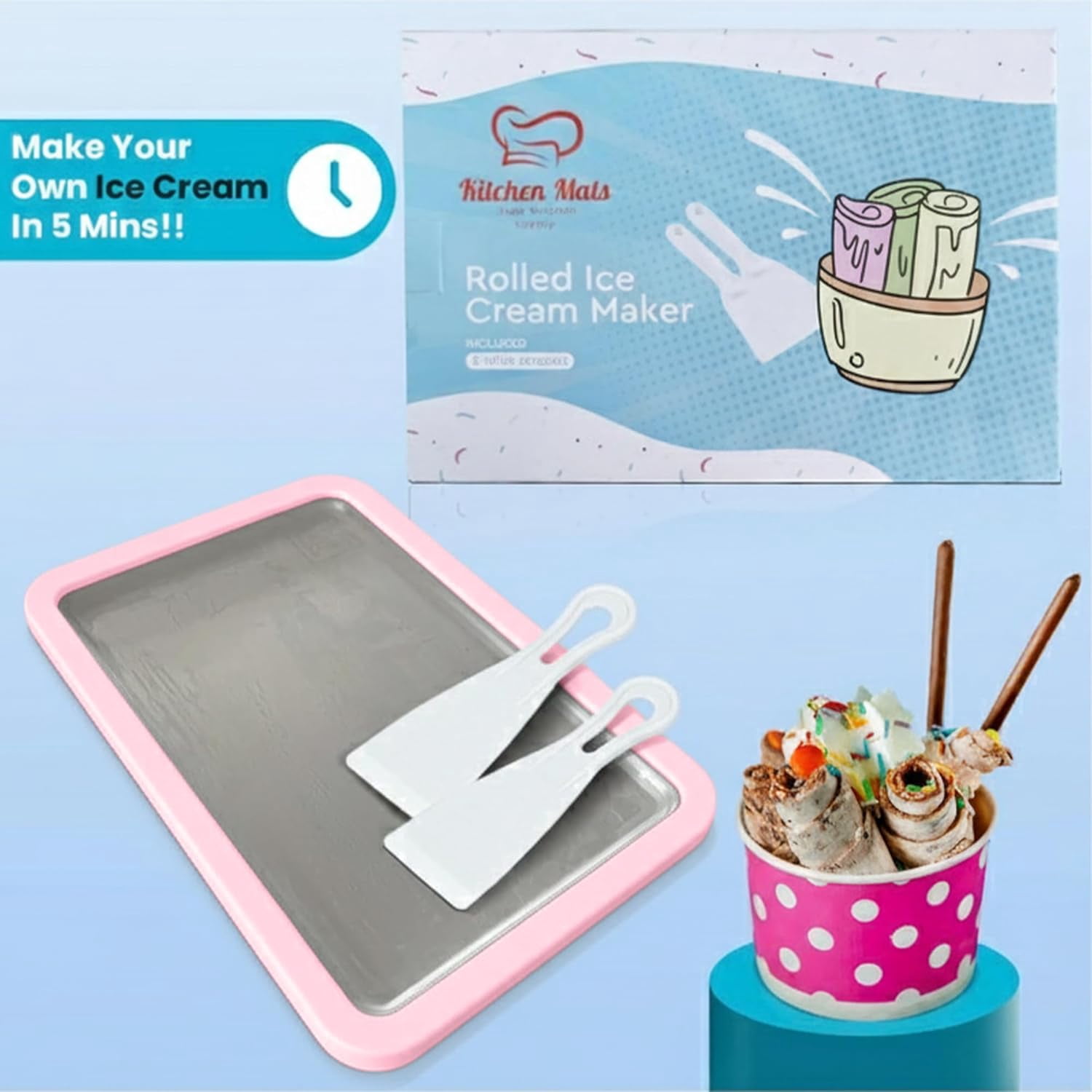 Large Rolled Ice  Maker Tray - Manual Roll Your Own Ice   for Family Fun - Light Pink Stainless Steel