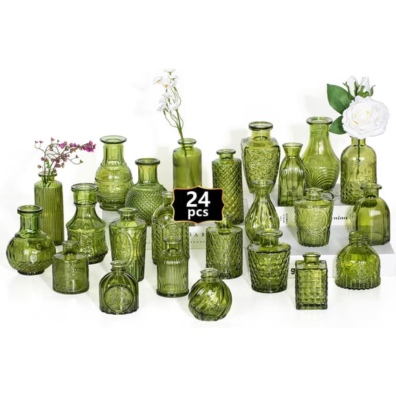 24PCS Mini Bud Vases As Wedding Centerpieces for Tables,Clear Bud Vases for Flowers,Small Flower Vases Suitable for Birthday Party,Anniversary,Wedding Reception,Baby Shower (Green, 24PCS)