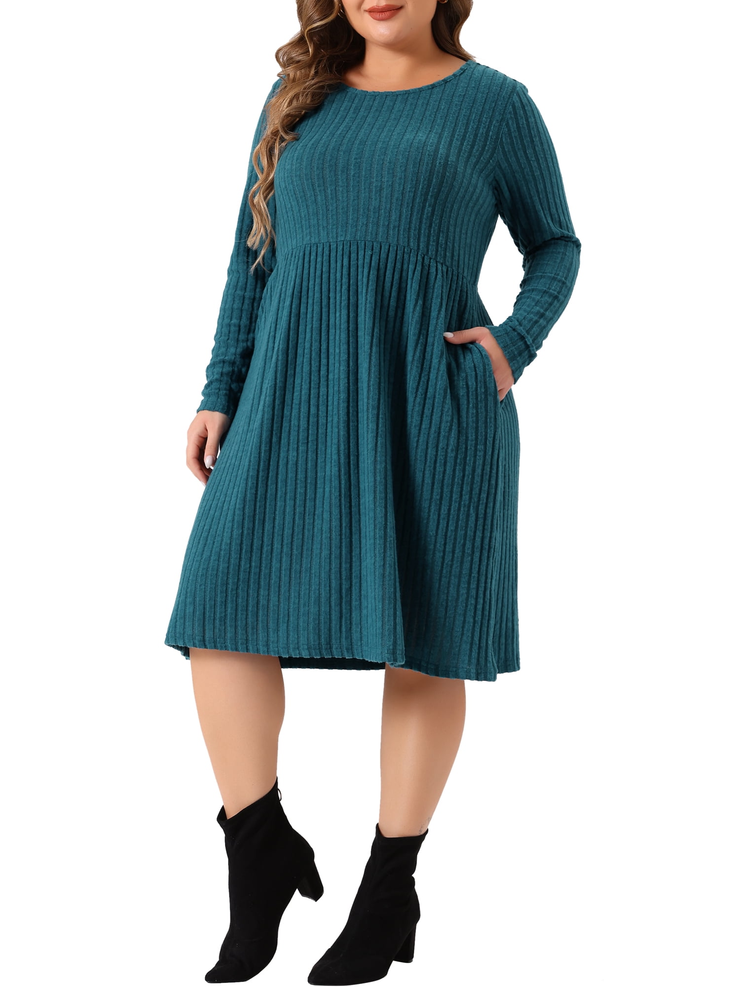 DARING DIVA Plus Size Round Neck Long Sleeve Casual Knit Dress 2X Peacock Blue