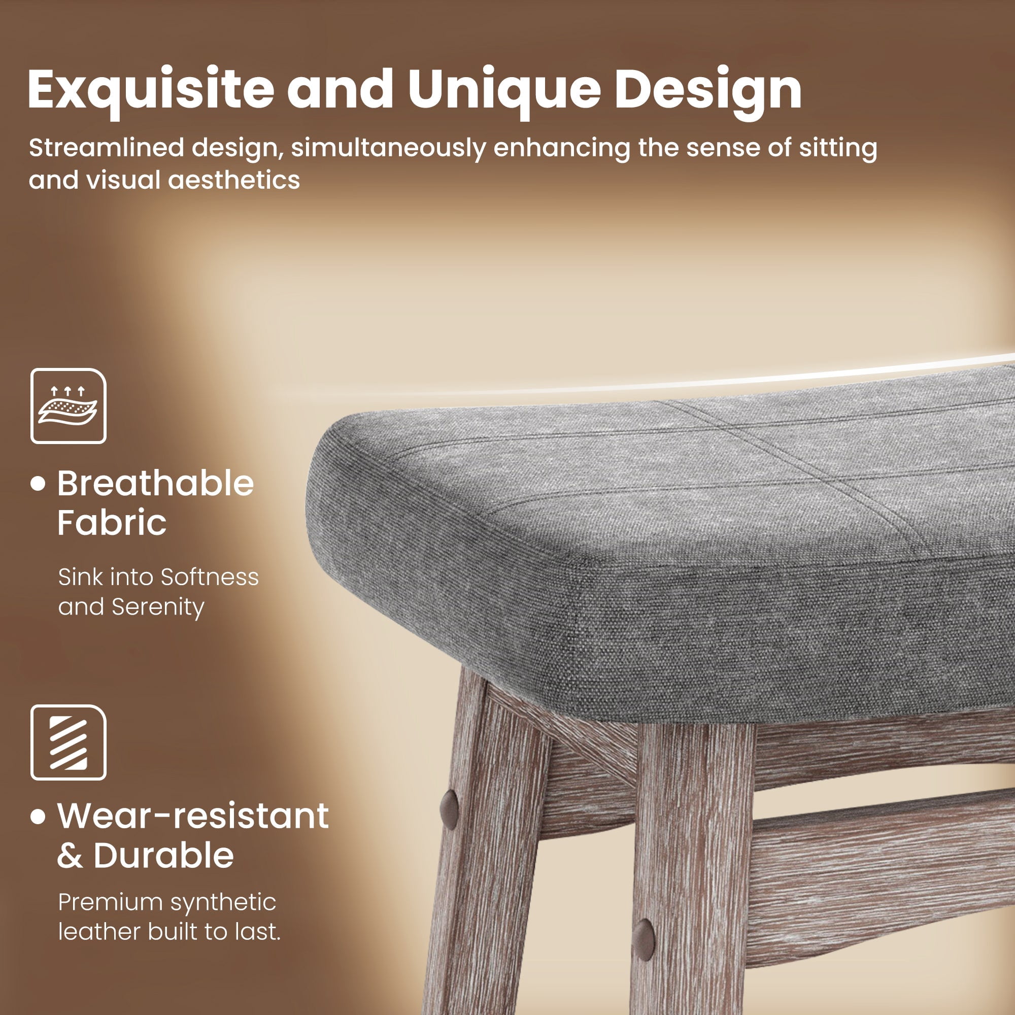 MF Studio 24" Counter Height Bar Stool Set of 3, Upholstered Saddle Seat with Solid Wood Legs, Gray