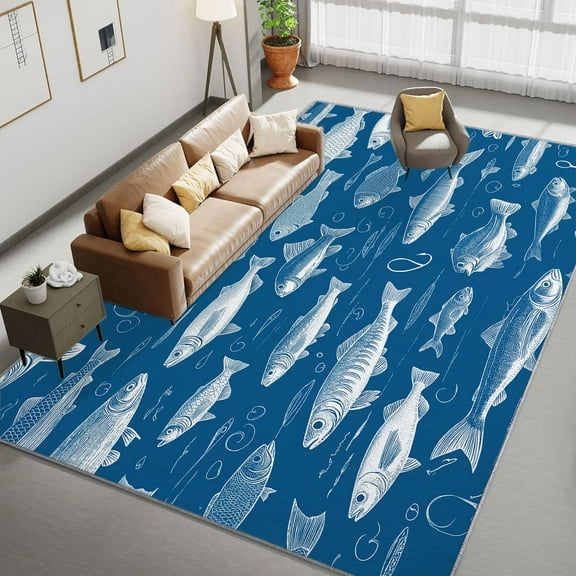Living Room Area Rugs, Illustration Style Fish Printed Design Carpet, Blue Washable Rectangle Rug, Soft Short Pile Carpet For Bedroom Dining Room Non-Slip Rug