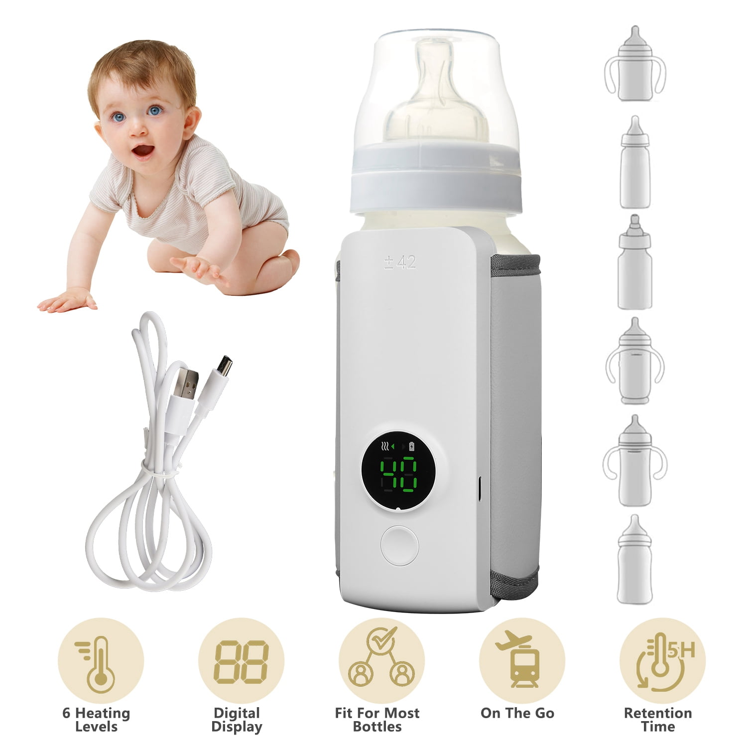 Portable Bottle Warmer for Travel, TeqHome USB Rechargeable Baby Bottle Warmer 6 Heating Levels for Milk Breastmilk White