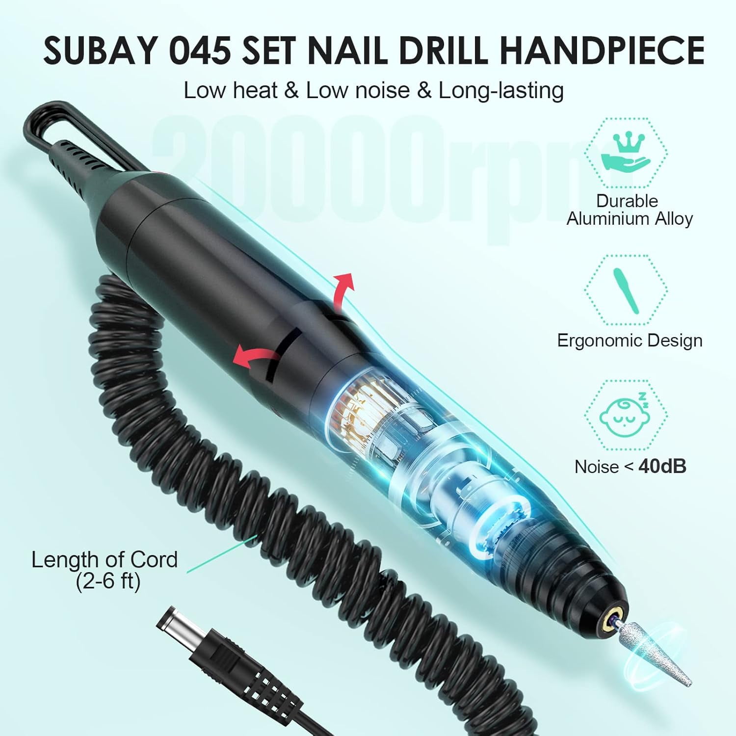 Professional Electric Nail Drill Kit 20000 RPM w/ 6 Bits & F/R Switch for Gel/Ac,grey