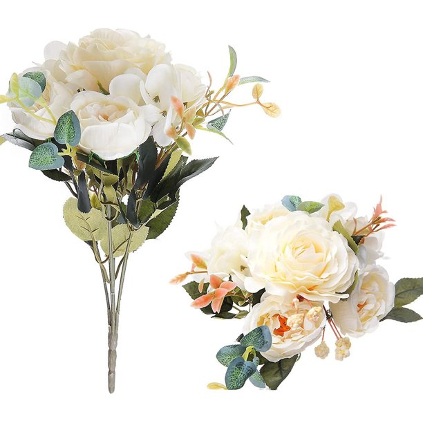 2 ramos de flores artificiales de peonía, flores falsas blancas elegantes para bodas, fiestas nupciales, decoración del hogar, arreglos florales, decoración del hogar, oficina y jardín
