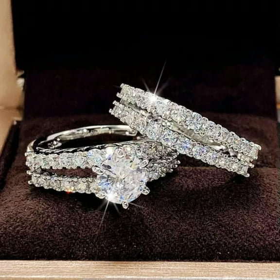 2 Pcs/Set Romantic 925 Silver Ring Cubic Zirconia Engagement Party Gifts Sz 6-10