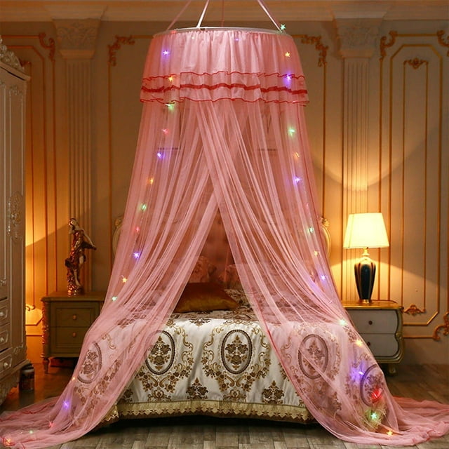 QUTETNPrincess Style Round Hoop Sheer Mosquito Net Bed Canopy for Girls Twins and Adults (Without String Lights) Pink