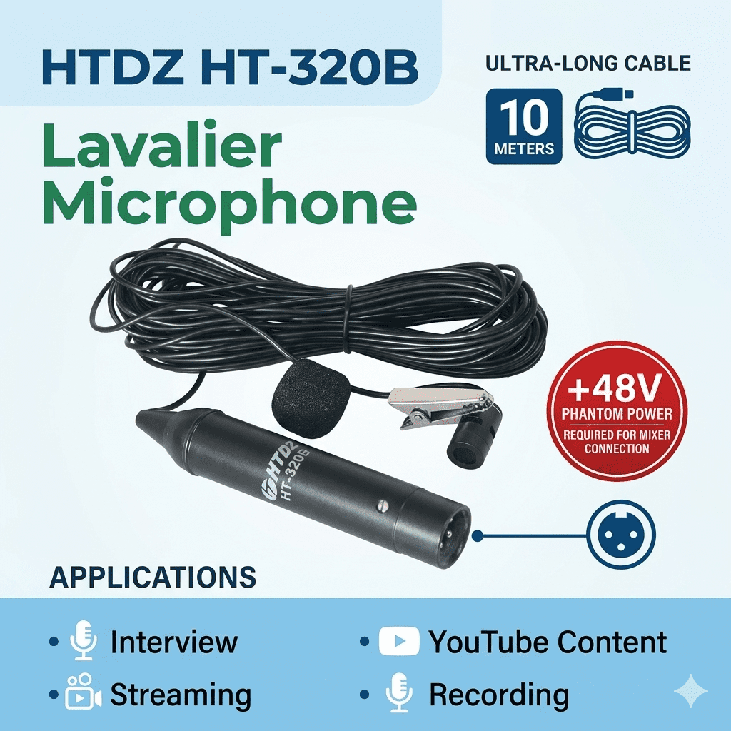 HT-320B Professional XLR Lavalier Lapel Microphone with 10M Shielded Cable Omnidirectional Condenser Mic for Mixer & Audio Interface