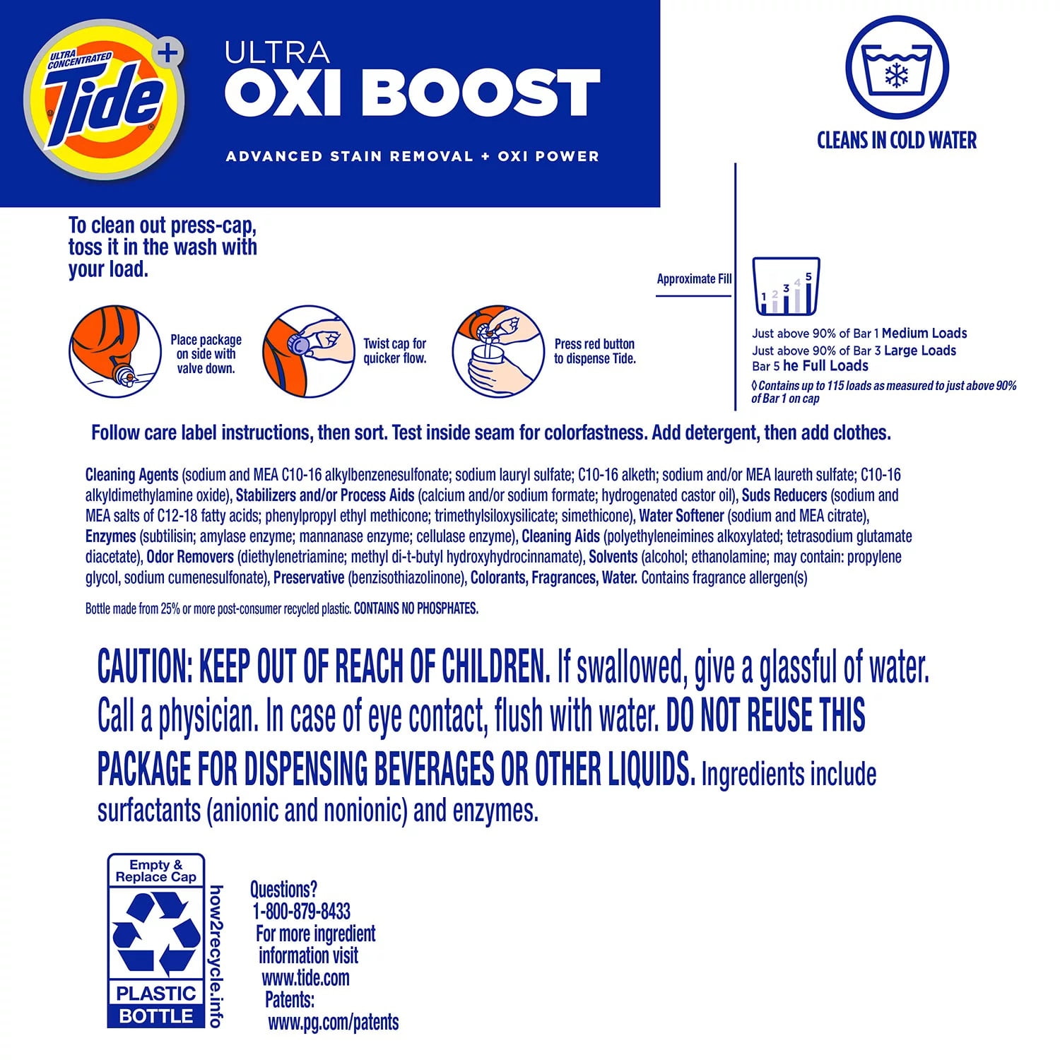 Tide Ultra Oxi Boost Liquid Laundry Detergent, 100 Loads, 128 Fluid Ounce