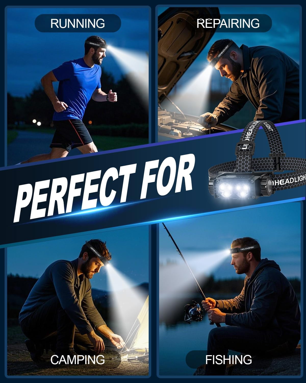 Rechargeable Headlamp (2PCS), 4500 Lumen Ultra-Light LED Headlamp, Waterproof with Headband, for Camping and Hiking, Black.
