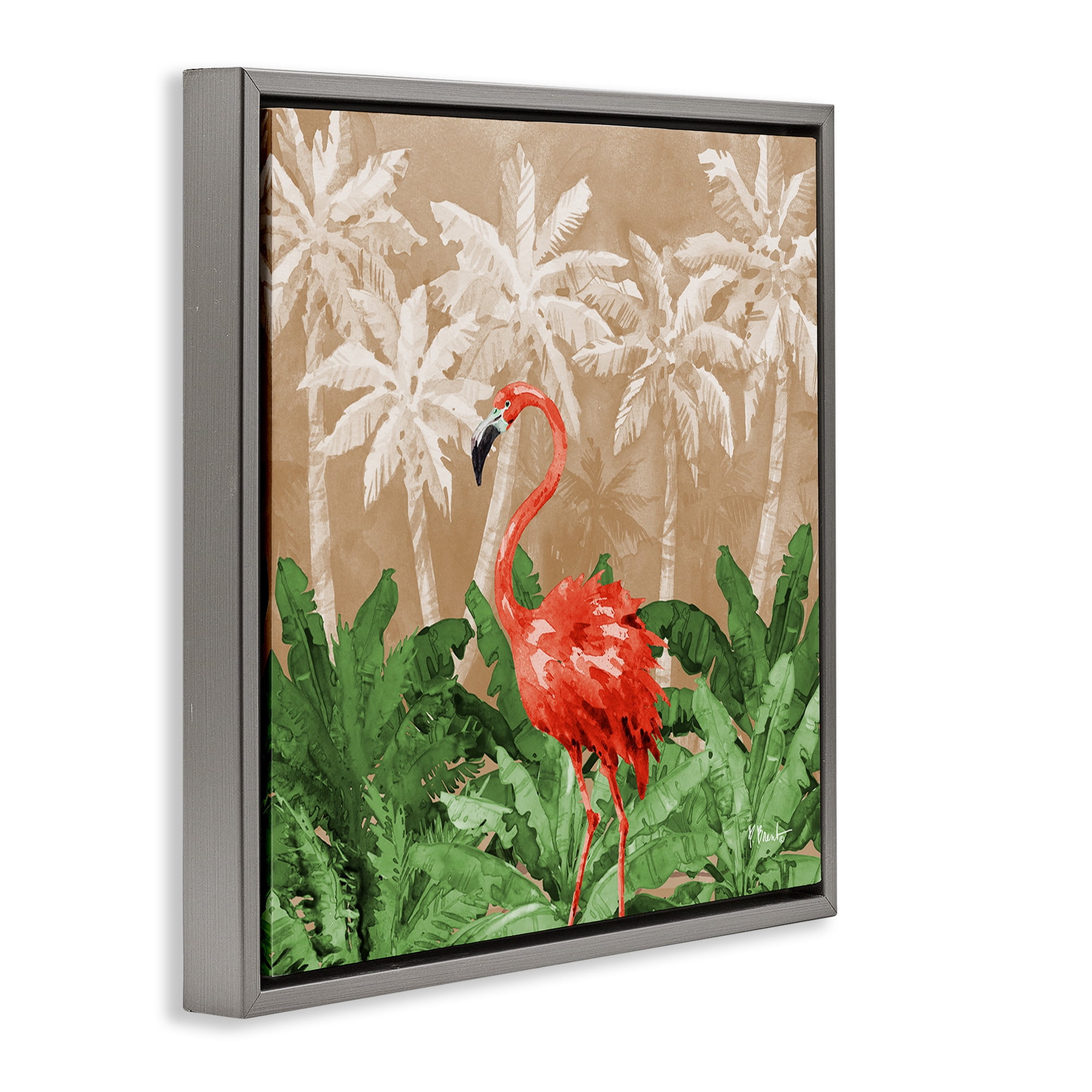 Stupell Industries Flamingo Jungle Scenery Animals & Insects Painting Gray Floater Framed Canvas Art Print Wall Art, 18 x 18