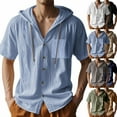 thumbnail image 7 of Chiccall Mens Hooded Shirts Cotton Linen Button Down Short Sleeve Drawstring Hoodie Lightweight Breathable Summer Vacation Tops with Pocket, 7 of 7