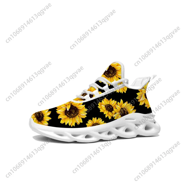 Zapatillas deportivas planas con diseño de girasol amarillo para hombre y mujer, deportivas de alta calidad con cordones de malla, hechas a medida.
