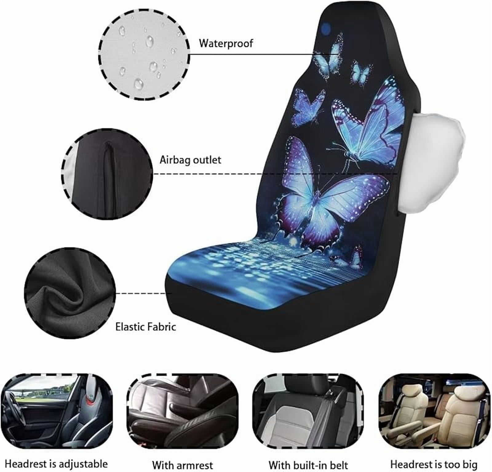 Blue Butterfly Shine Car Front Seat Cover Set Decorative Bucket Seat Covers Pack of 2 Waterproof Saddle Blanket Cushion Cover for SUV Sedan Trucks Vans