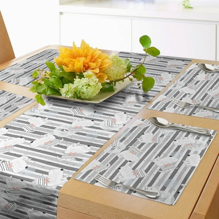 

Cartoon Table Runner & Placemats Dogs with Dickey Bows on Greyscale Horizontal Stripes Repetition Set for Dining Table Decor Placemat 4 pcs + Runner 12 x72 White Blush Grey by Ambesonne