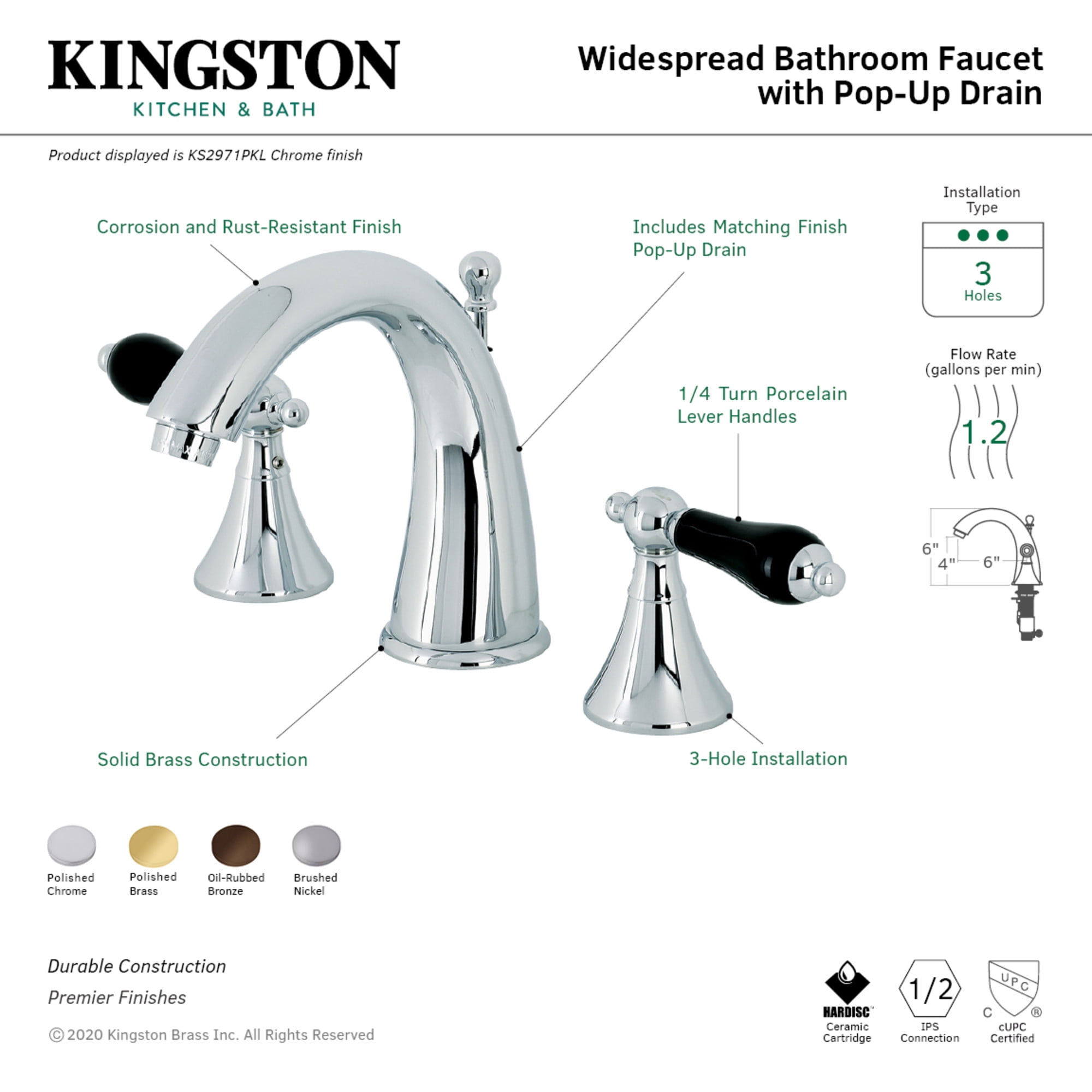 Kingston Brass KS2972PKL Duchess Widespread Bathroom Faucet with Brass Pop-Up, Polished Brass