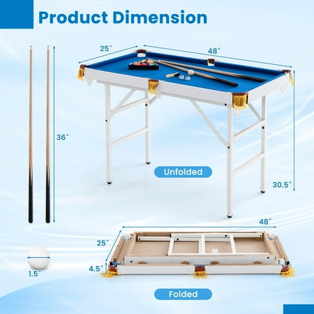 Costway 47'' Folding Billiard Table Pool Game Table for Kids w/ Cues & Chalk & Brush Blue - Blue