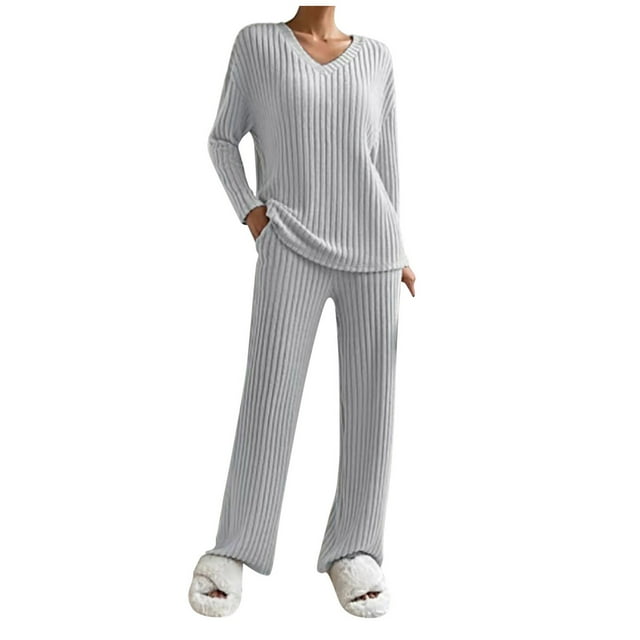 Conjunto de dos piezas de otoño-invierno para mujer: jersey de punto y pantalones anchos, traje informal holgado de color liso para el día a día o para fiestas