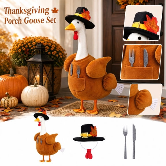 Turkey Porch Goose Outfits, Thanksgiving Porch Goose Clothes with Black Hat, Fork and Knife, Goose Costume for Fall Autumn Harvest Outdoor Patio Yard Lawn Decor