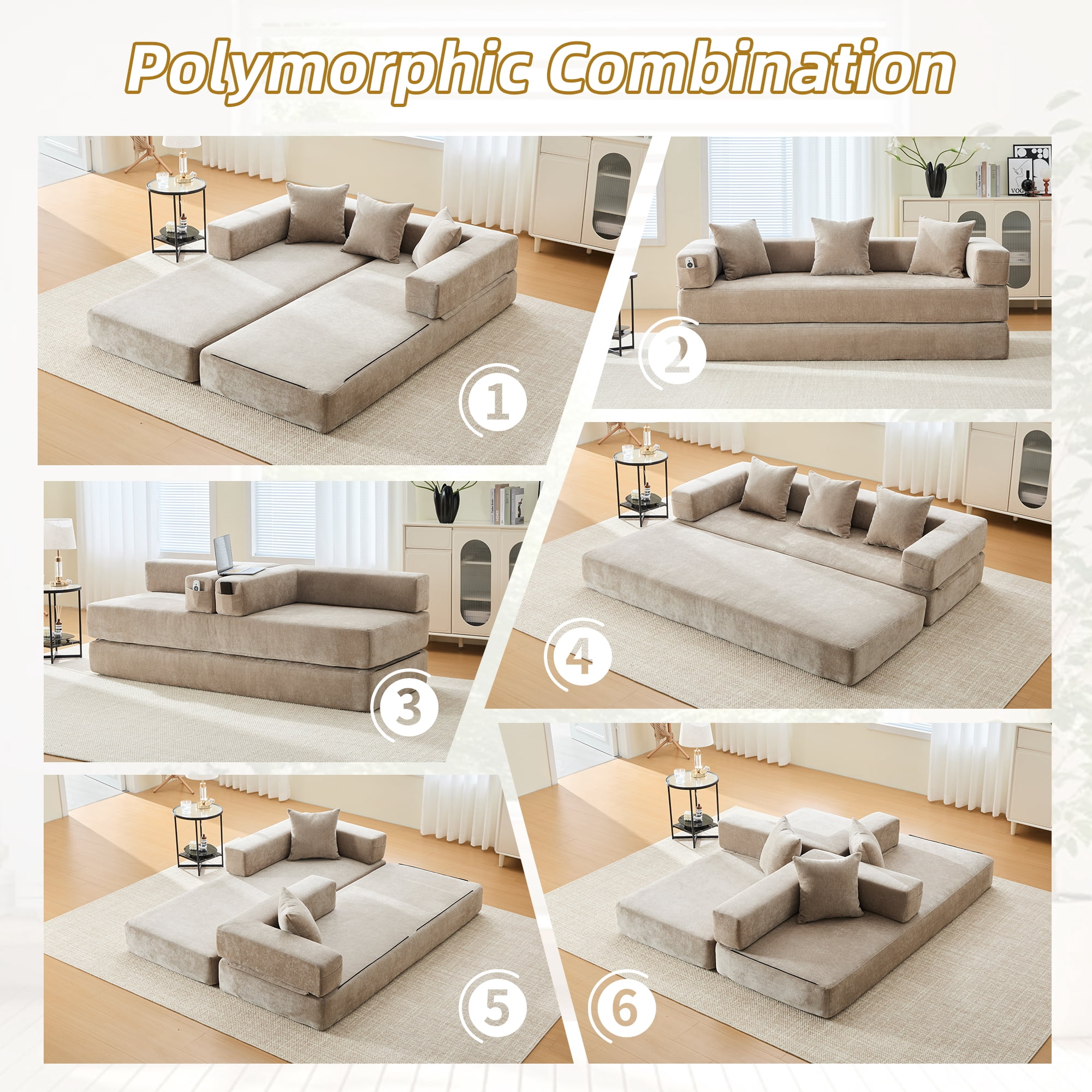 MOONMISS Chenille Upholstered Convertible Foldable Memory Foam Sleeper Sofa with Pillows for Living Room-Coffee