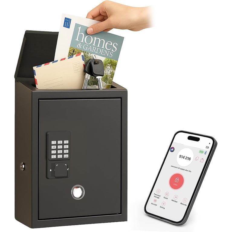Wall Mounted Locking Mailbox - Yellow Metal Suggestion Box For Mail, Letters & Ballots (11.79x9.04x2.36 Inch)