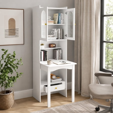 DEALTOPS 70.9-Inch Slim Fold-Out Desk Cabinet with Bookshelf and Drawer, Convertible Writing Desk, White