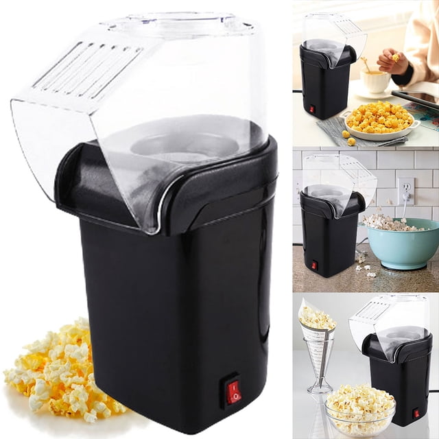máquina para palomitas de maíz cgtredaw 1200w aire caliente sin aceite negro ue, vista frontal de máquina vertical negra con cubierta superior transparente y salida inclinada para palomitas; cuerpo de plástico PP y cámara de aleación de aluminio, interruptor rojo en la base, dimensiones aprox. 265x165x120 mm, funciona a 1200W y 110V–220V. También se usa a menudo para preparar snacks de maíz en reuniones pequeñas.