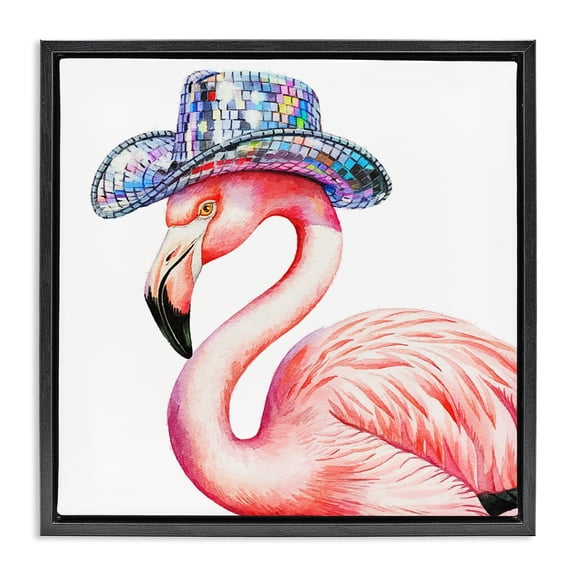 Stupell Industries Disco Hat on Flamingo Animals Painting Black Floater Framed Canvas Art Print Wall Art, 18 x 18