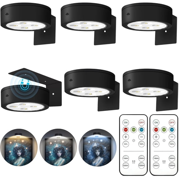 3Pcs Battery Operated Picture Light, Magnetic Led Painting Light with Remote Dimmable and Timer, 3 Lighting Modes Art Display Light for Picture Frame Paintings, Wireless Wall Decor Puck Lights