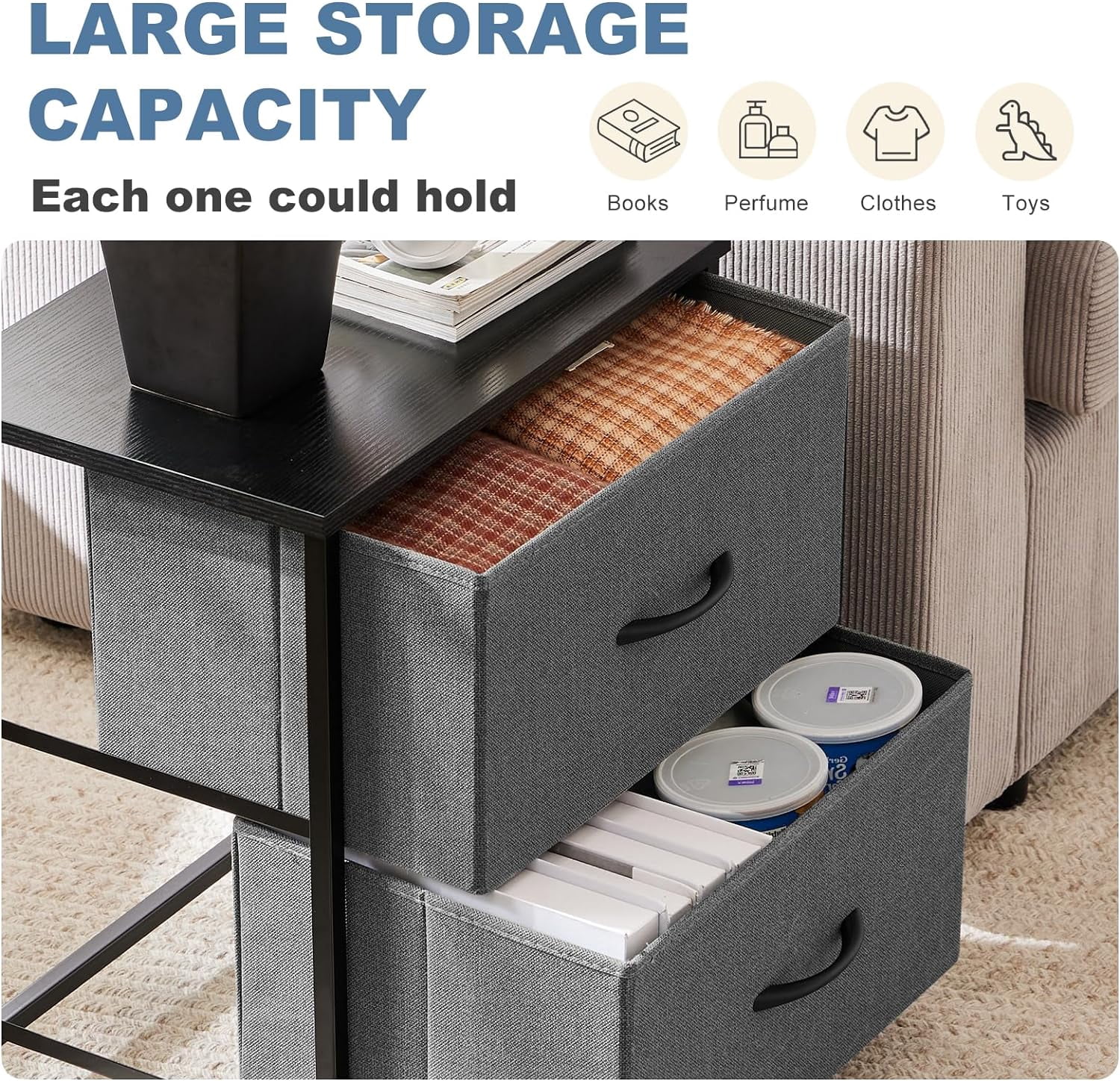 Nightstand Small Dresser with 2 Fabric Drawers Side Tables Bedroom End Table Kids Bedside Storage Furniture for 20 inch Tall Night Stand for Closet, Entryway, College Dorm,Gray(2 Pack)